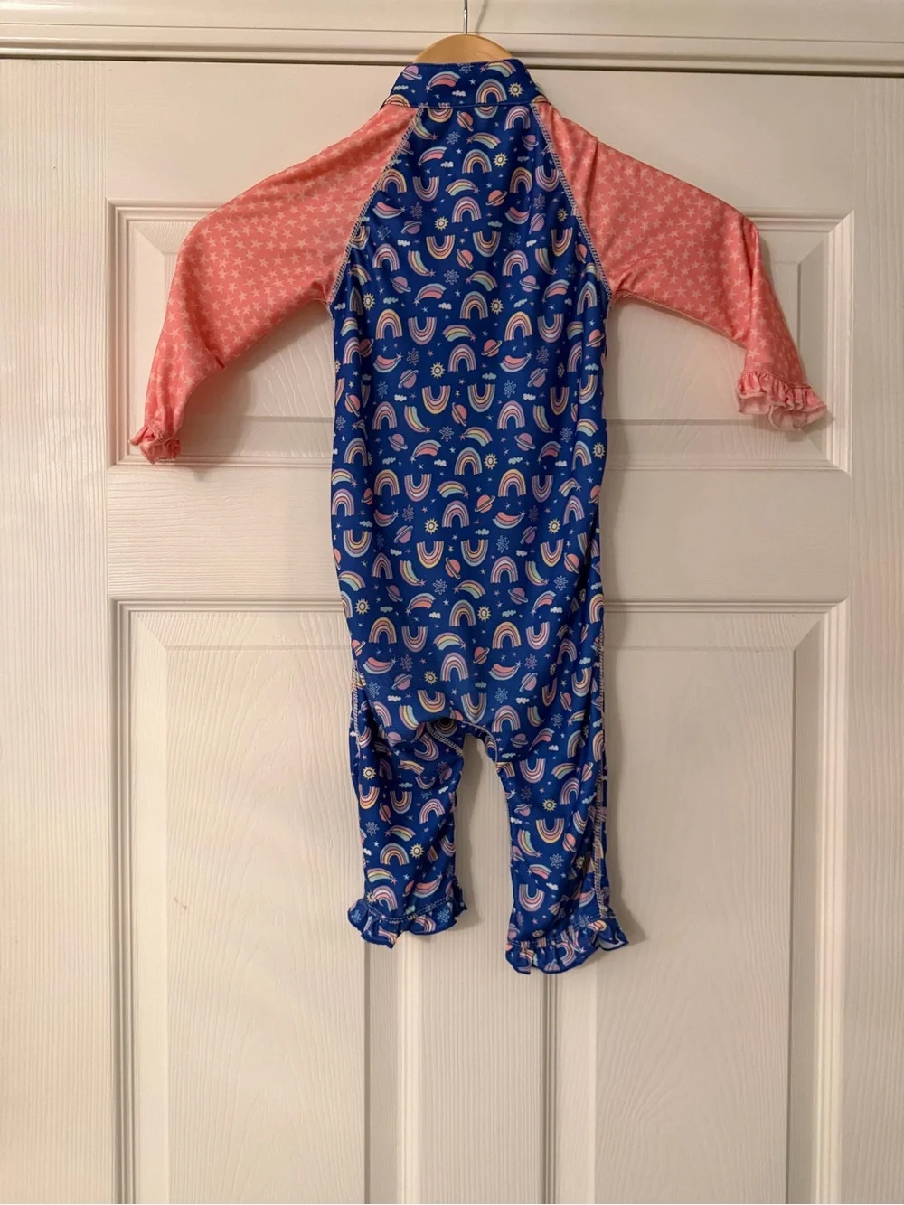 Girls Blue & Pink Rainbow Zip-One Swim Rashguard Long Sleeve Long Pants Ruffle